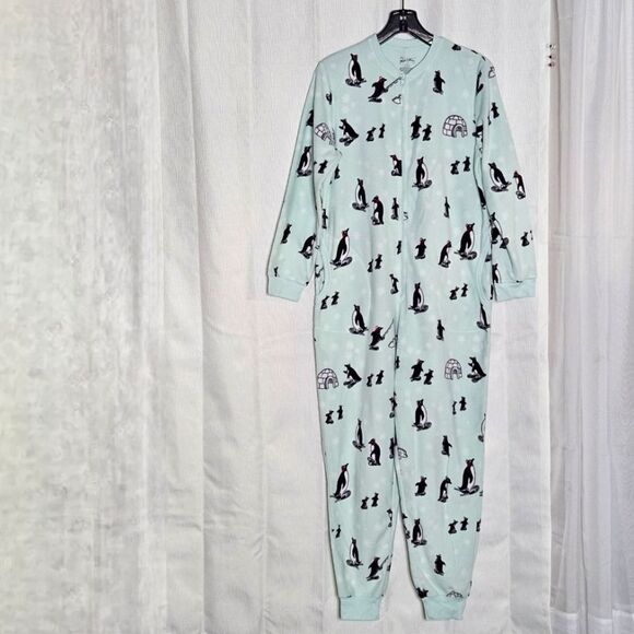 Nick & Nora Mint Green Polka-dots & Winter Penguins One Piece Zip Front Pajamas - Picture 4 of 15